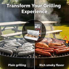 Fving smoker box placed on grill grates showcasing compatibility with gas grills and steady smoking