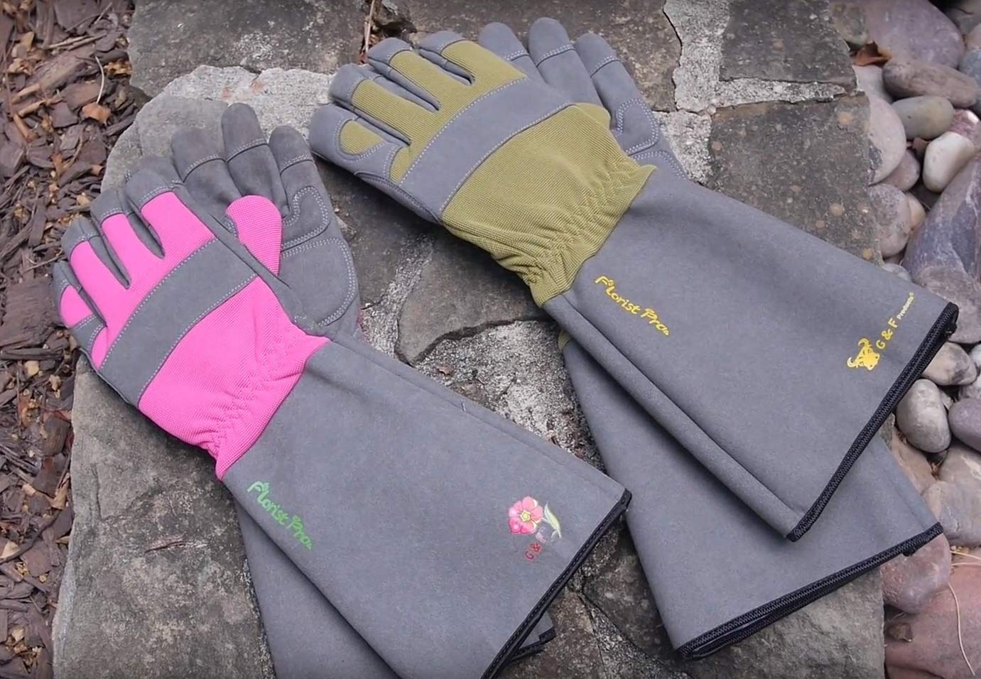 G & F Products gloves in use pruning roses for thorn protection during work