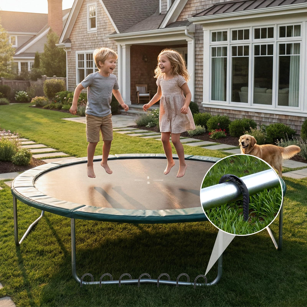 gaildon stake anchored beside a trampoline leg displaying enhanced stability for recreational equipment