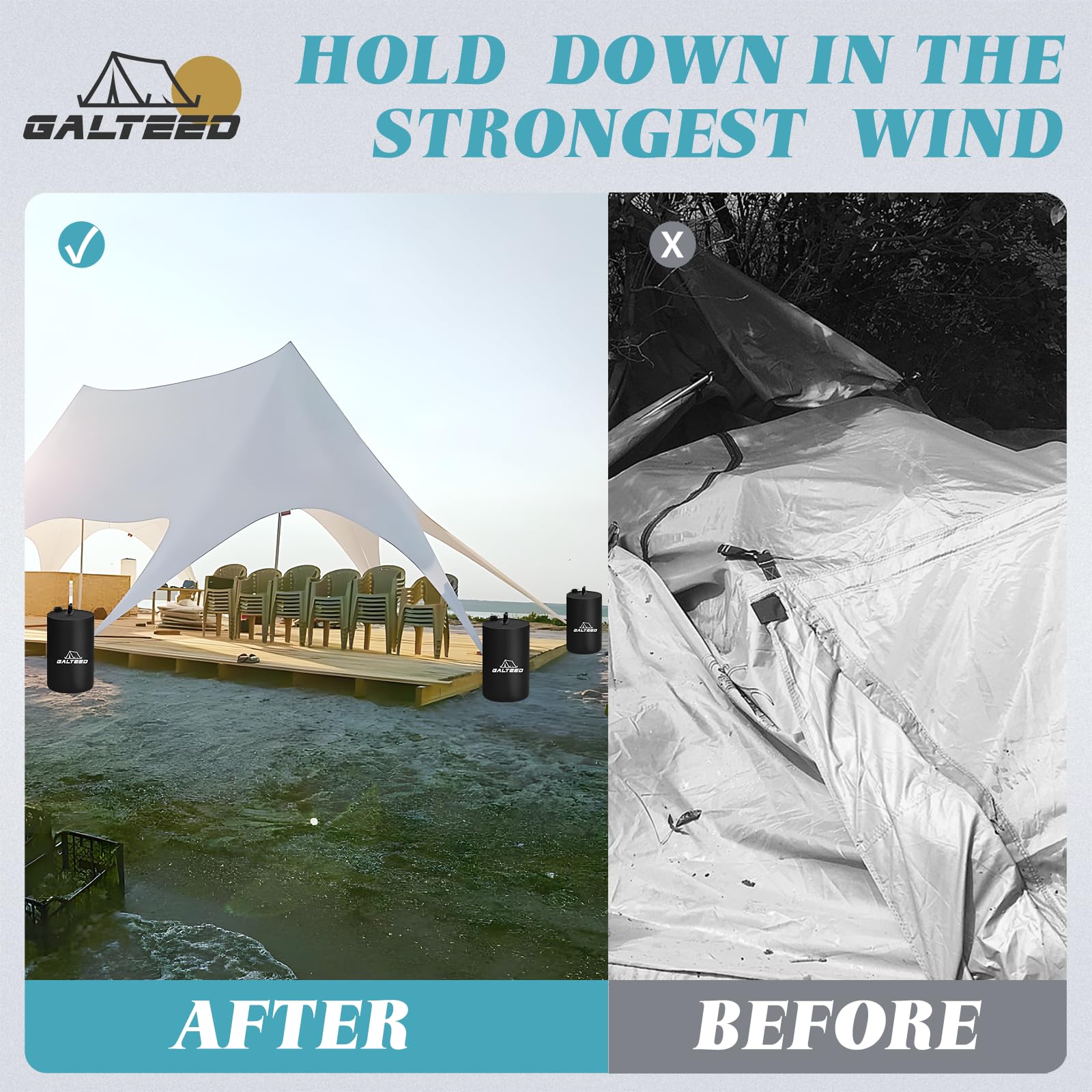 GALTEED filled water weight attached to canopy leg providing stable anchoring