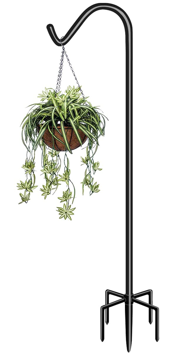 Garbuildman front view shiny black shepherd hook, shows elegant garden display benefit