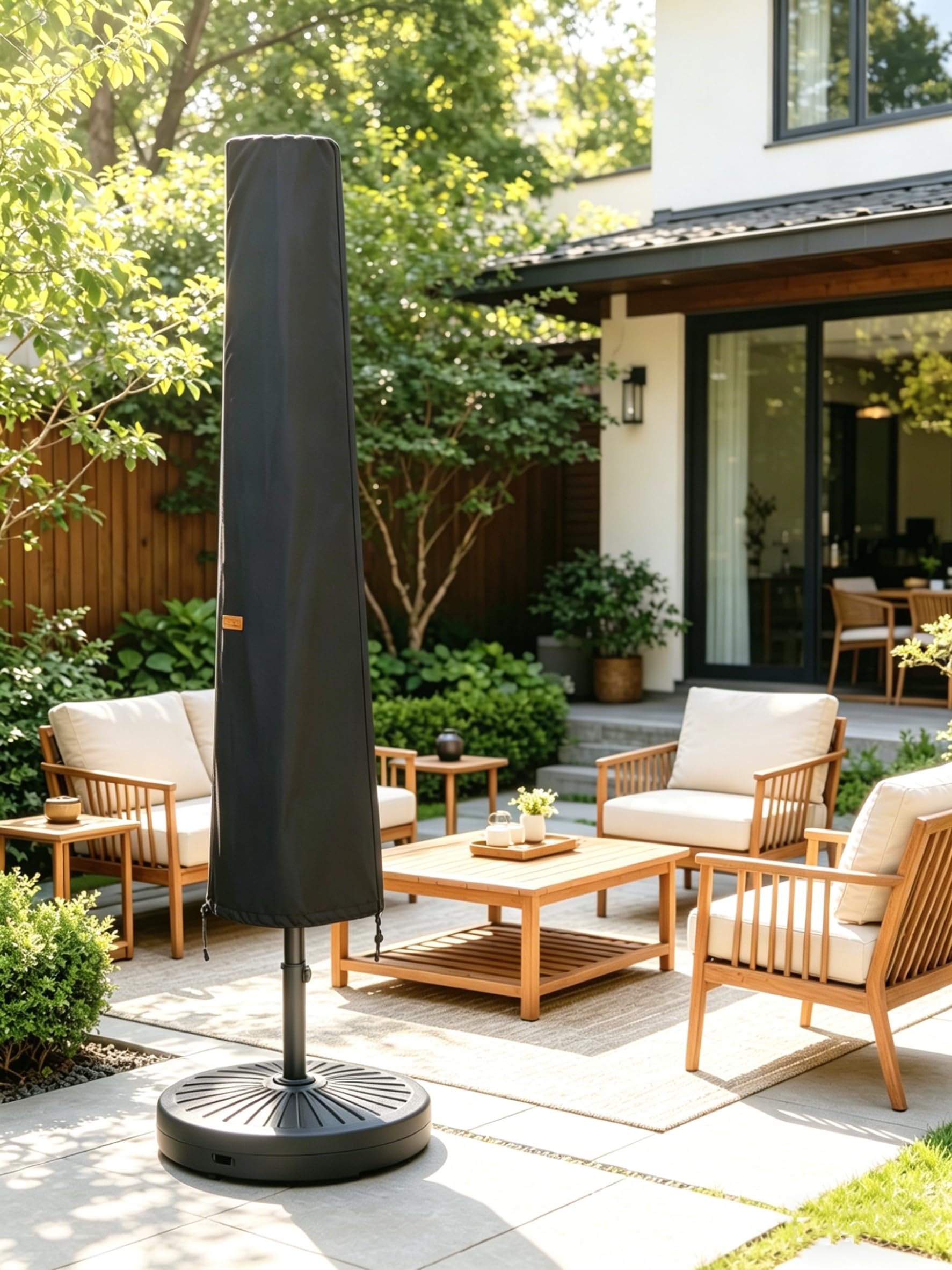 Garden Balsam cover next to chair showing scale and fit for 10–11ft umbrella