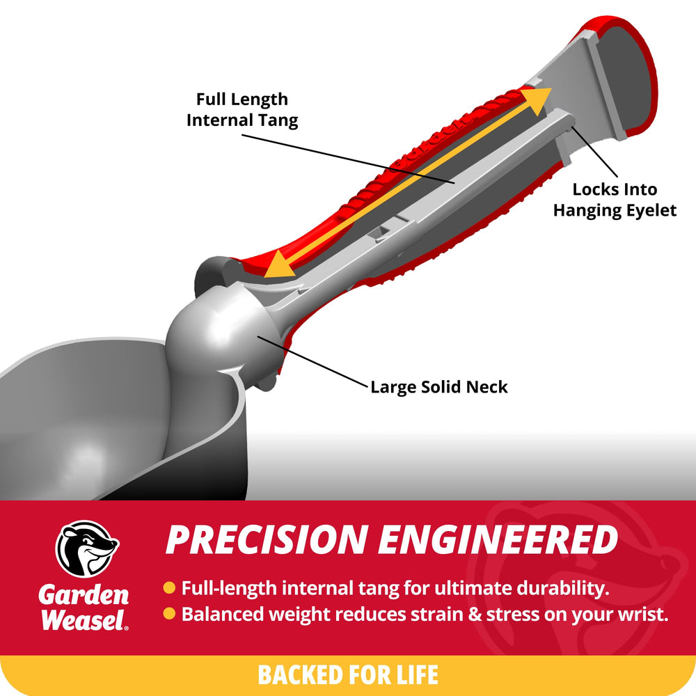 GARDEN WEASEL scale comparison with hands to show scoop capacity and size