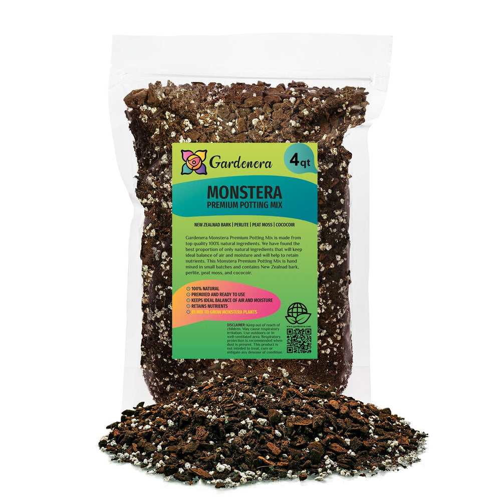 Gardenera front packaging of Monstera potting soil showing resealable bag and brand benefits