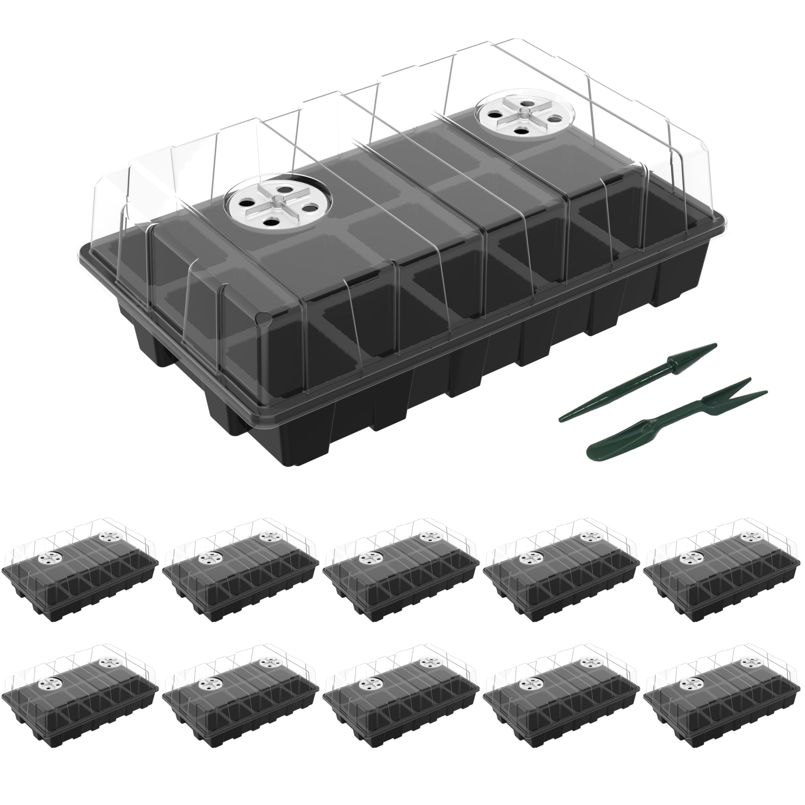 Gardzen front view of 5-pack showing bases and lids for organized seed starting