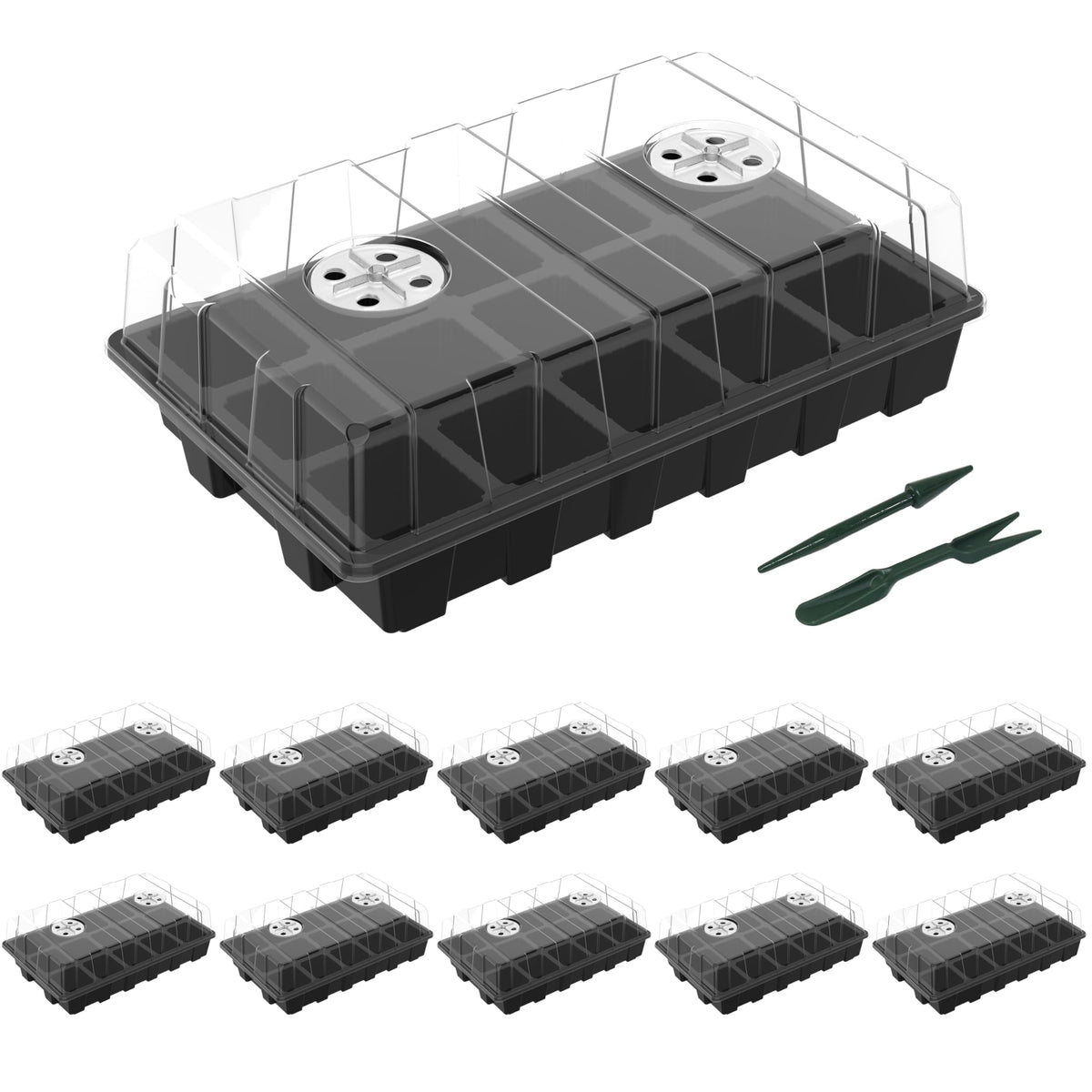 Gardzen front view of 5-pack showing bases and lids for organized seed starting