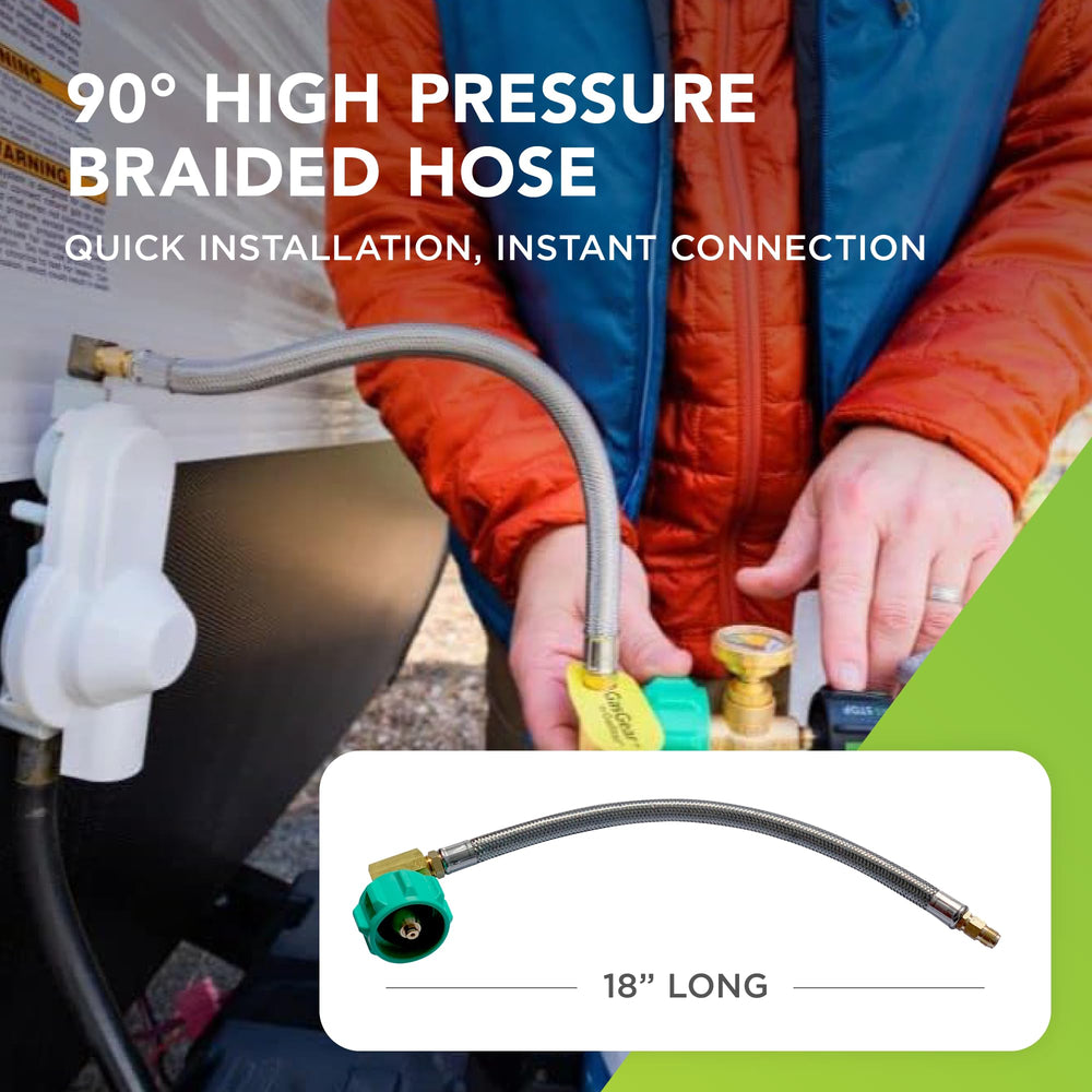 GasStop GasGear close-up of 90-degree brass elbow, reduces hose stress in tight spaces