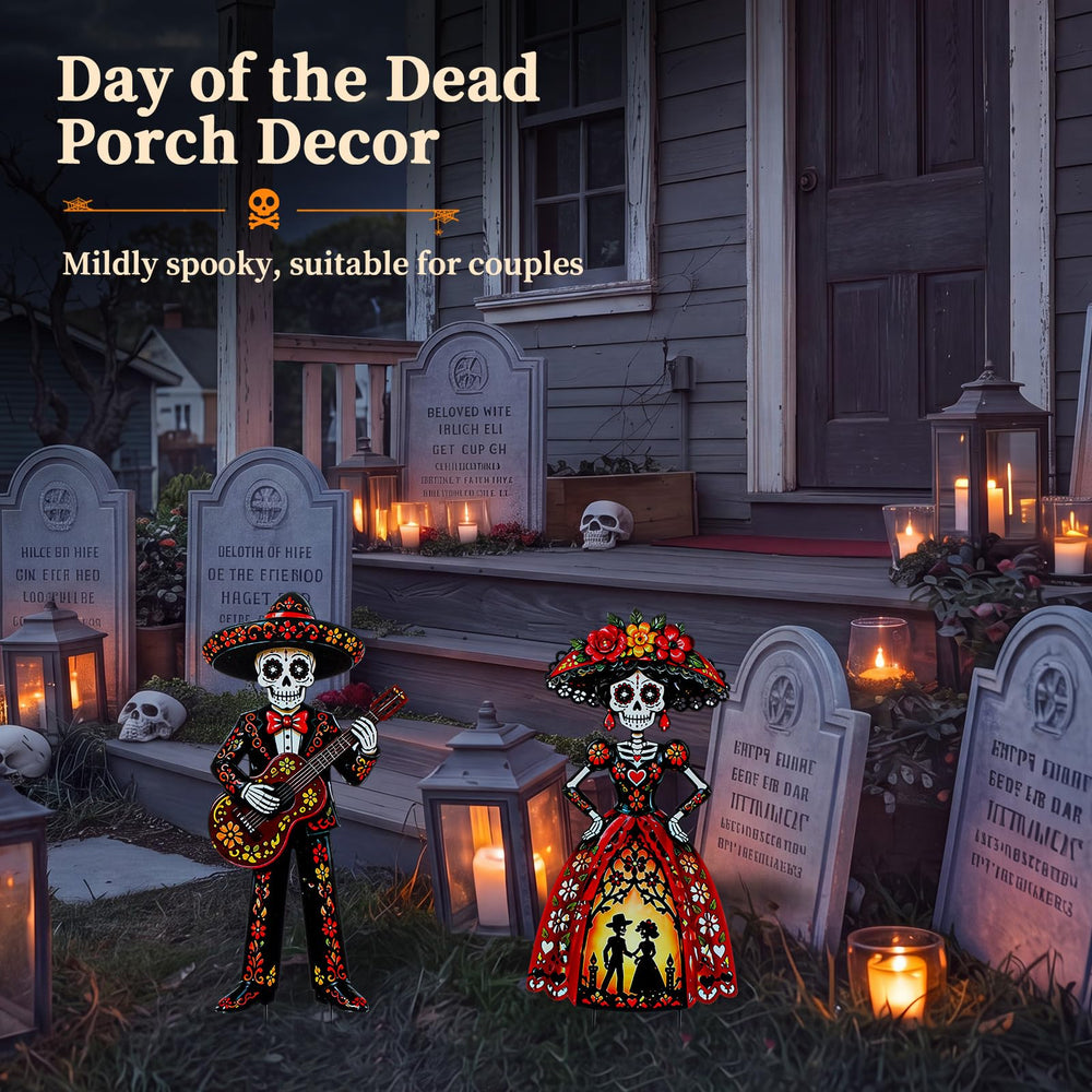 Geelin sugar skulls on porch near door showing welcoming seasonal decoration