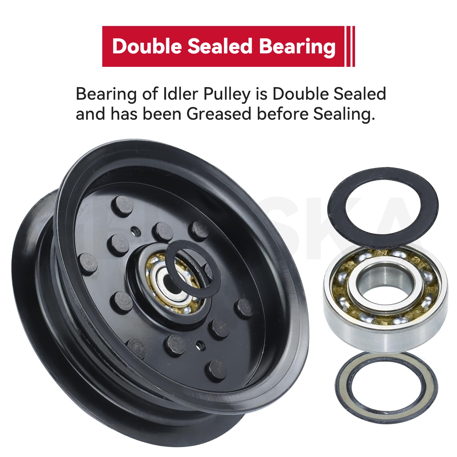 GELASKA pulley installed on mower deck showing restored belt routing benefit