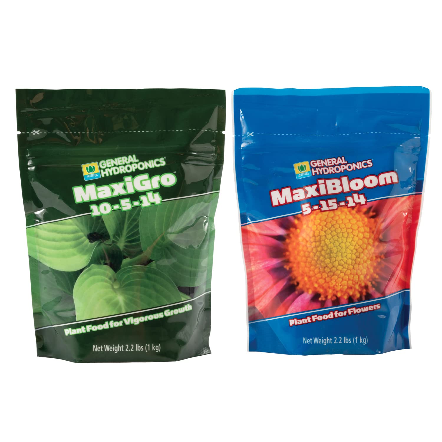 General Hydroponics front packaging of MaxiGro and MaxiBloom showing product clarity and stage benefits