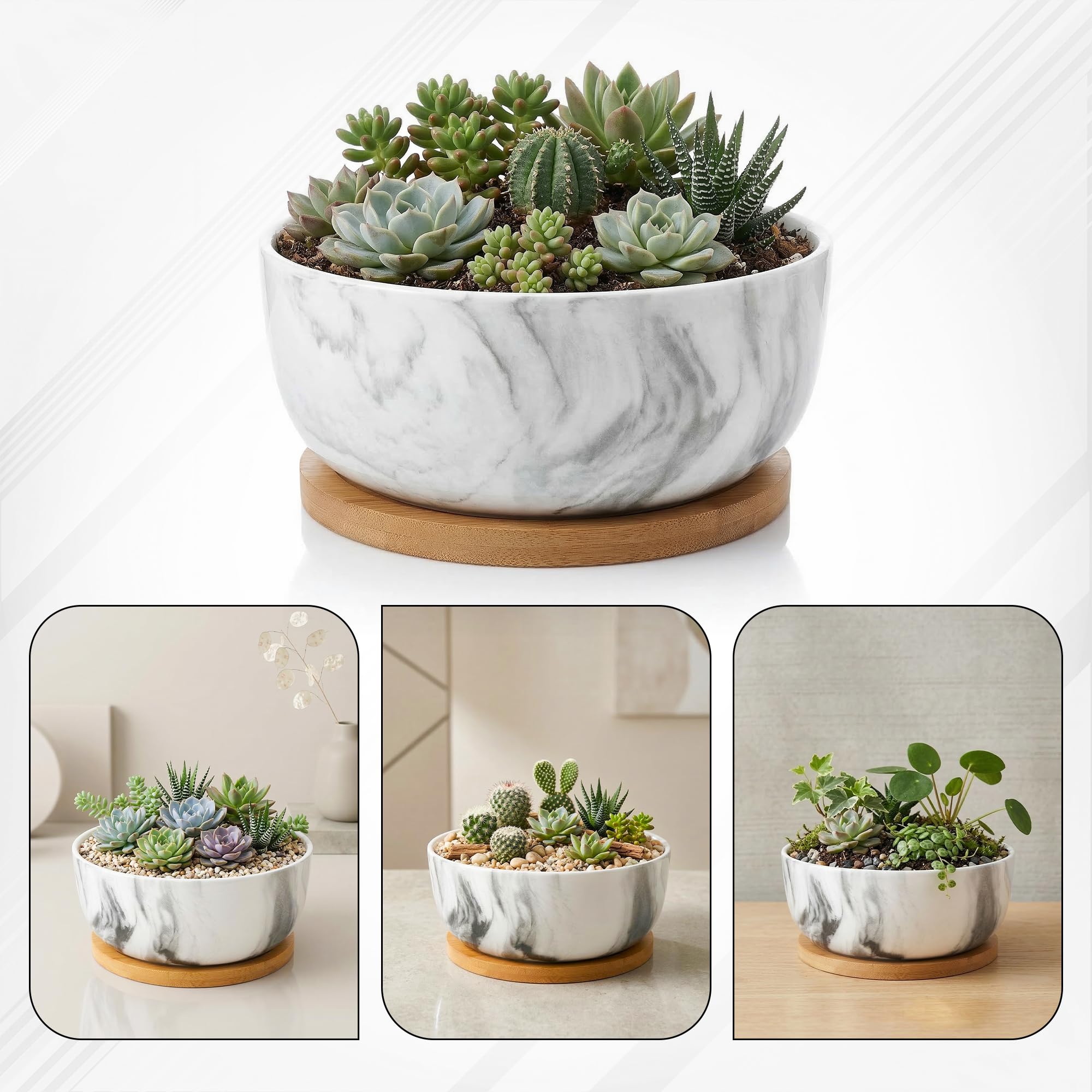 Generic pastel marble top-down view displaying wide 8-inch bowl and planting space
