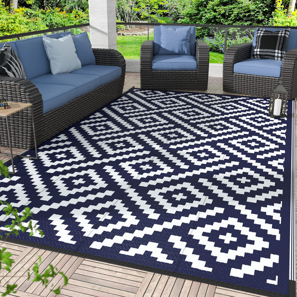 GENIMO front view showing rug pattern and weatherproof benefit