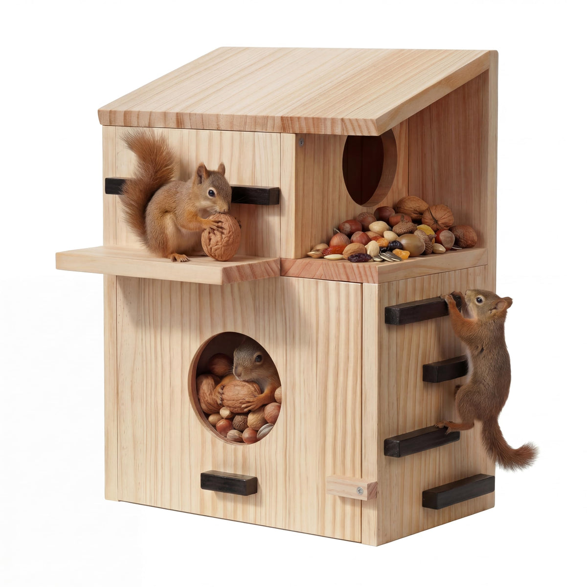 Gihkasd front view of large squirrel house showcasing entry and balcony benefit of visibility