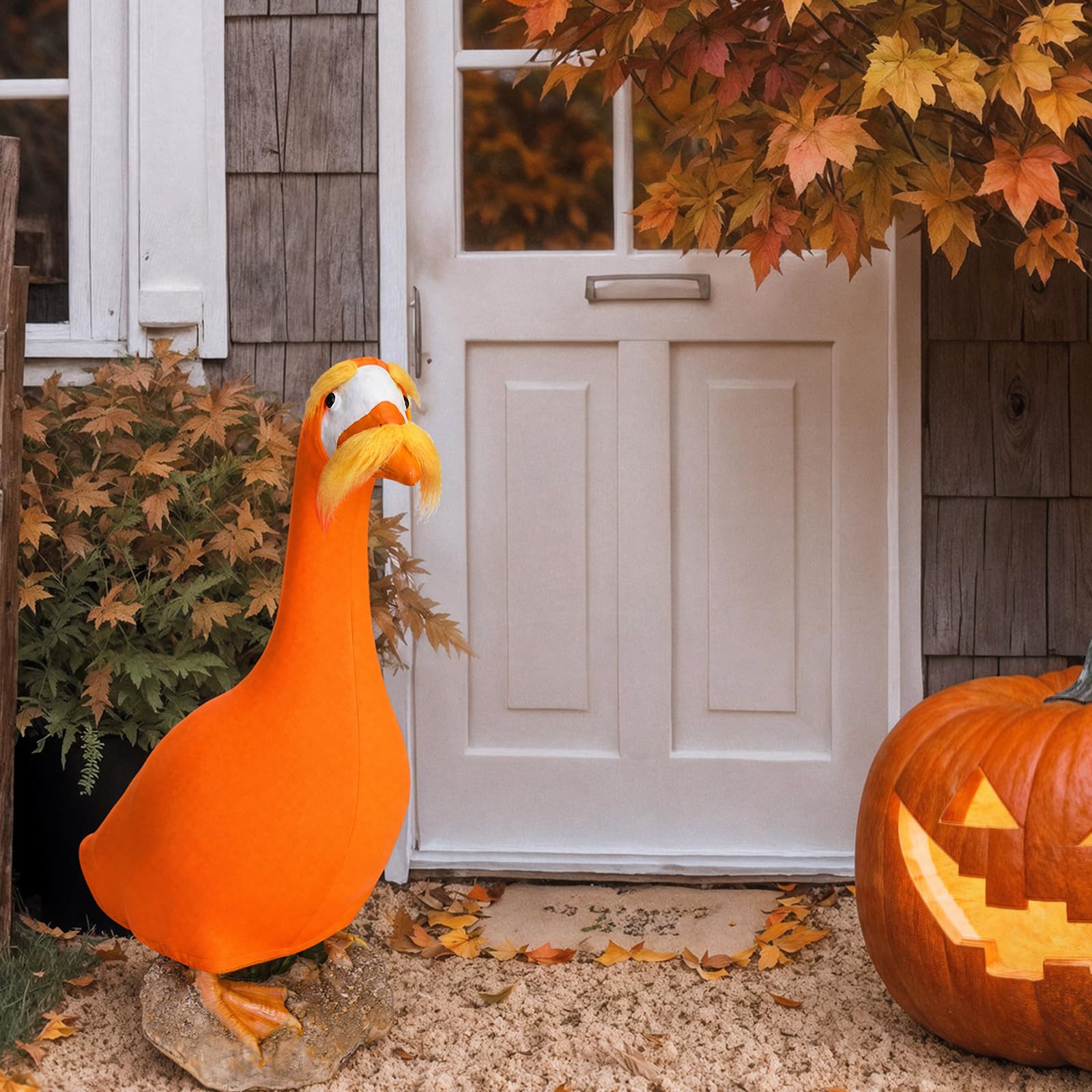 Gilprop porch goose styled in garden creating festive autumn curb appeal