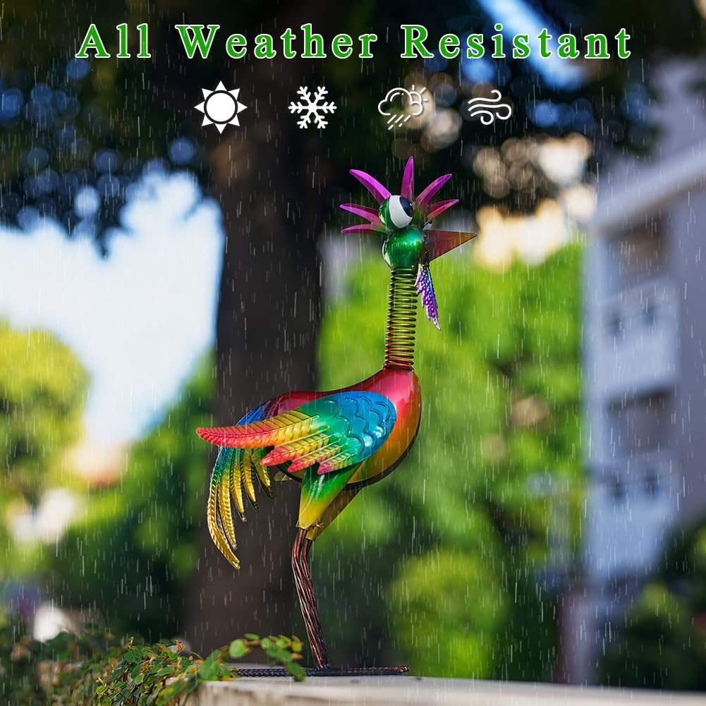 giole rooster on patio table adding vibrant decorative accent
