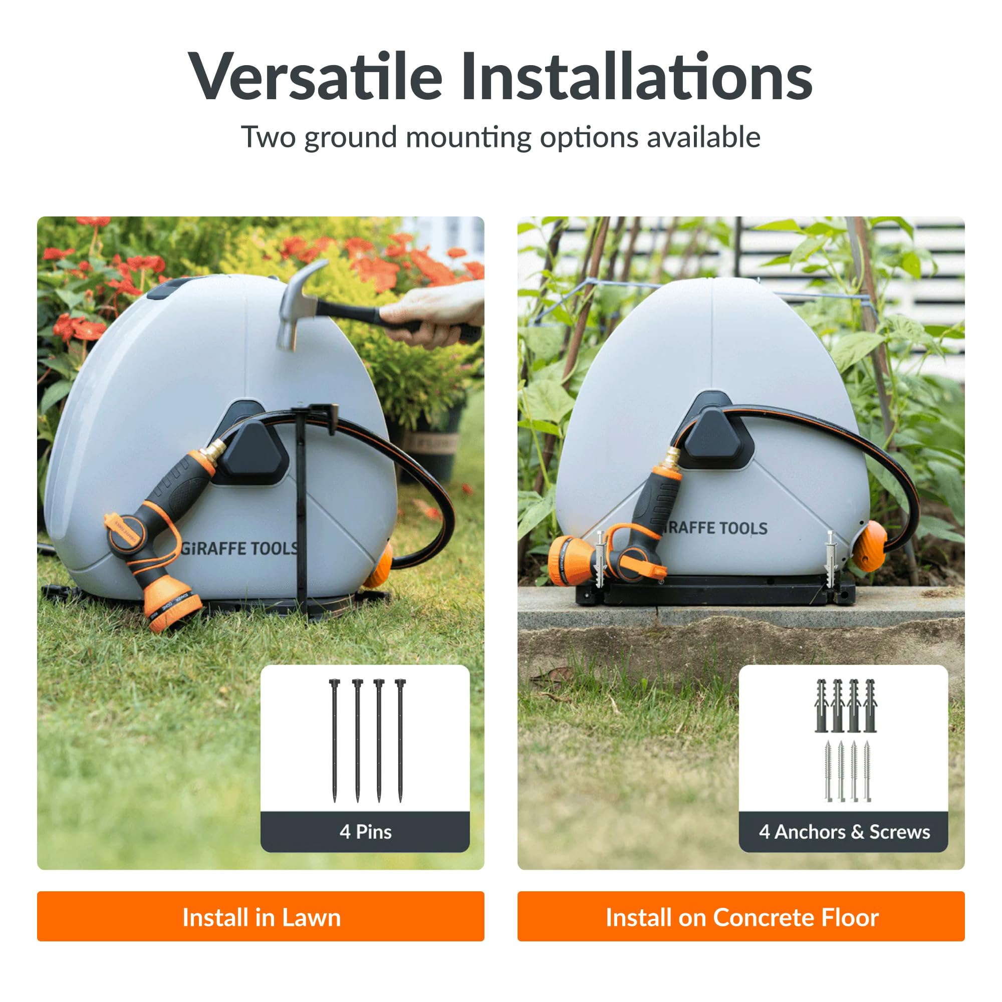 Giraffe Tools swivel base and mounting hardware view for stable installation on concrete or lawn