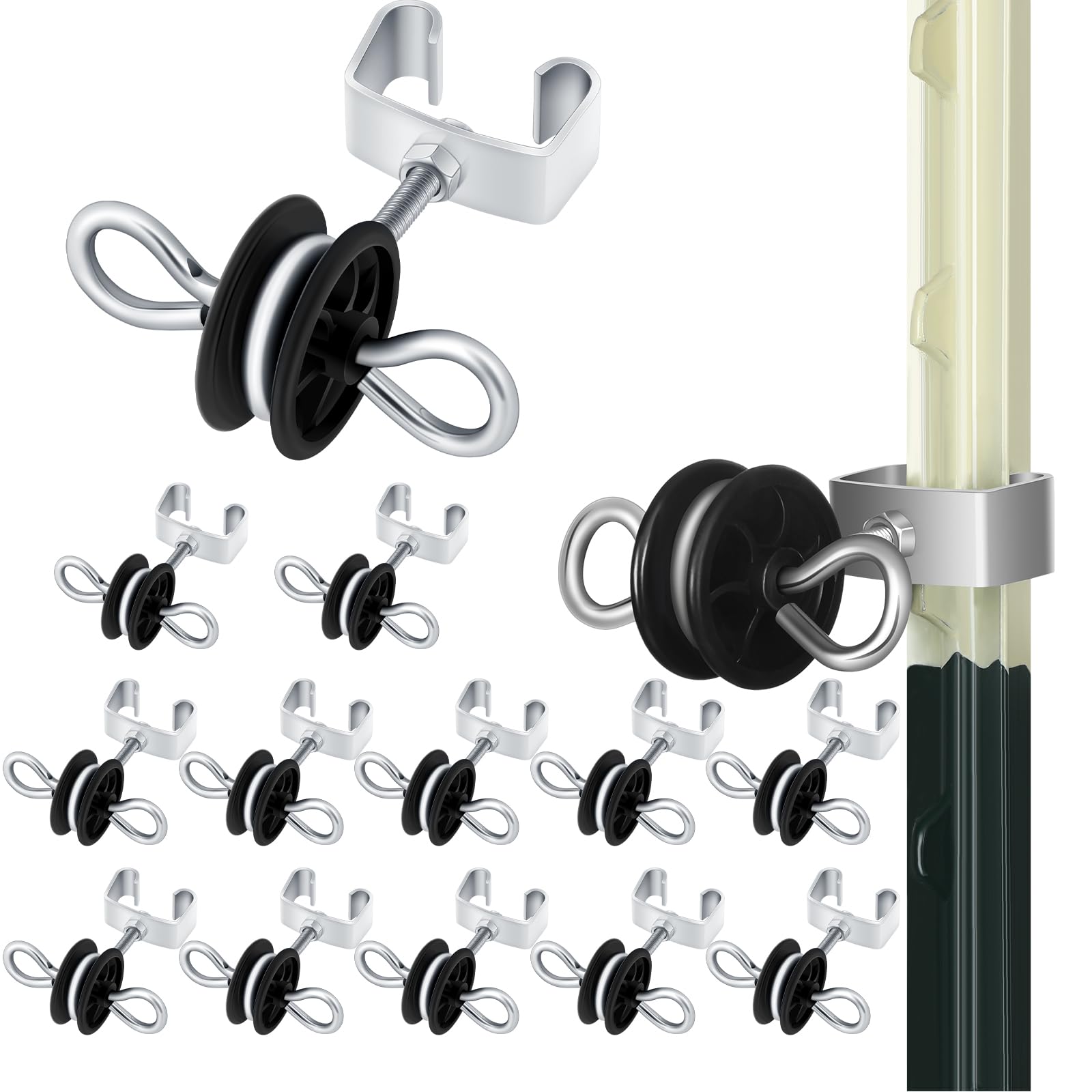 Gisafai front pack of 12 T-post insulators showing contents and benefit of full set