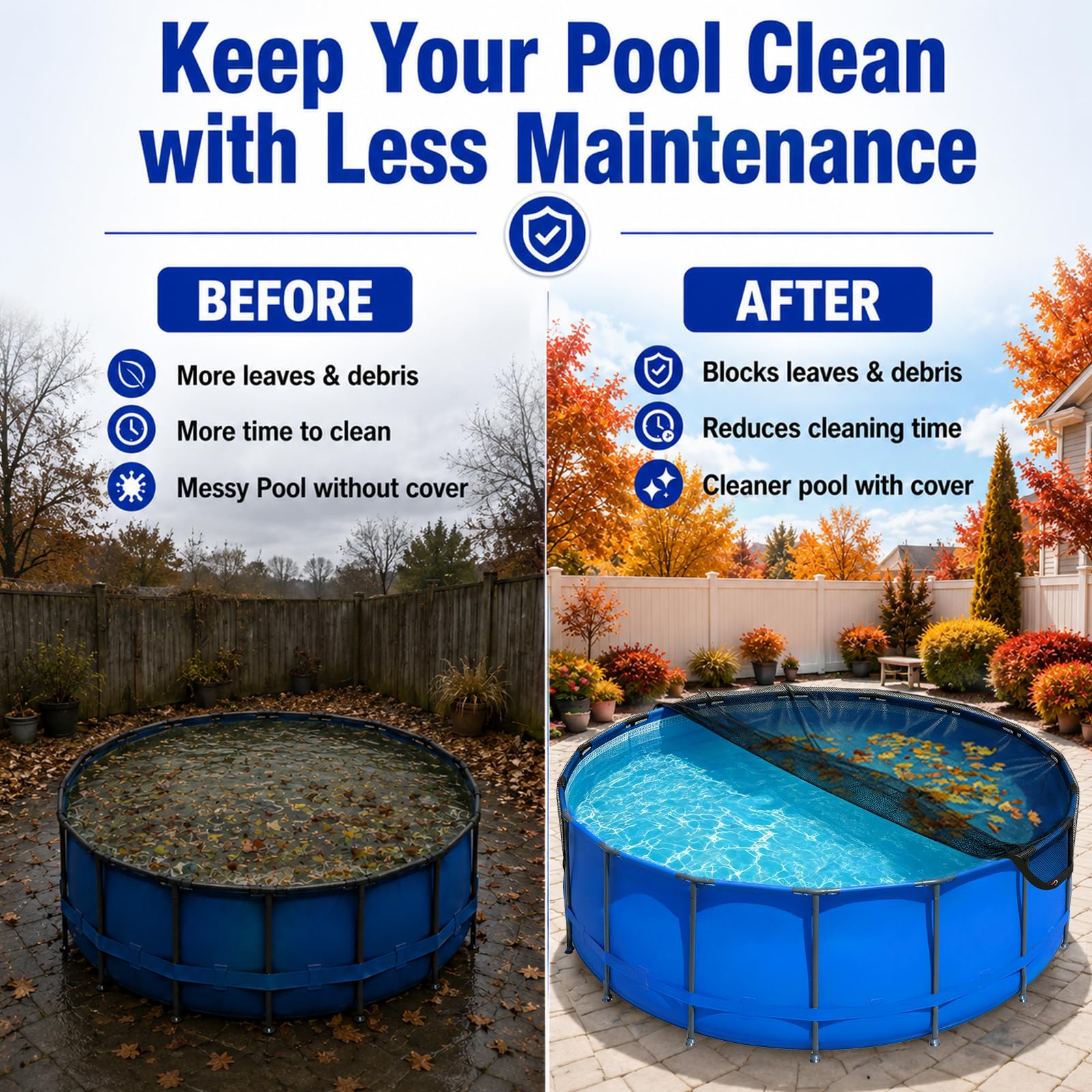 GJL cover installed on a 28ft above-ground pool reducing debris