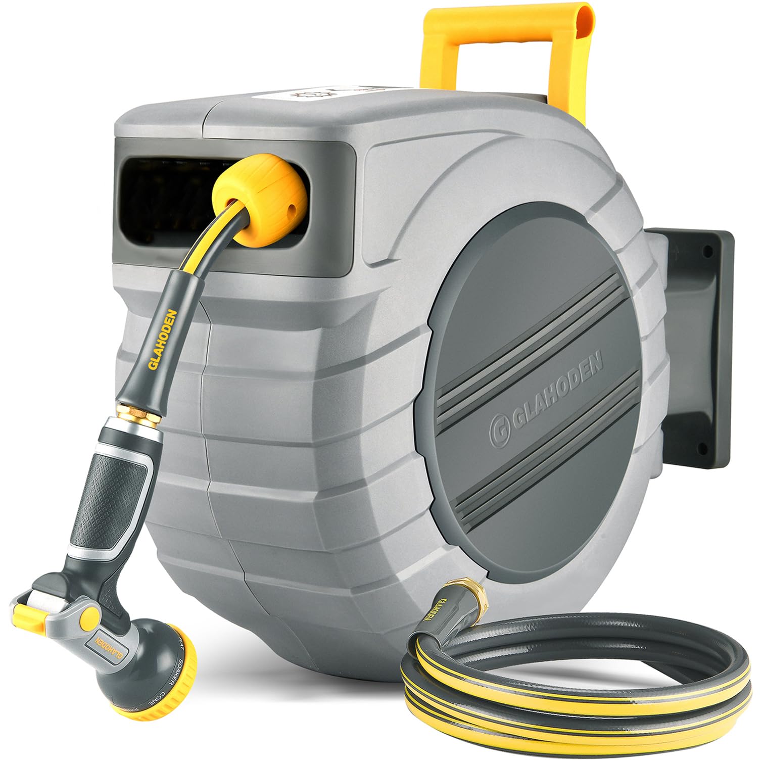 glahoden front-mounted reel showing compact wall-mounted storage and organized hose