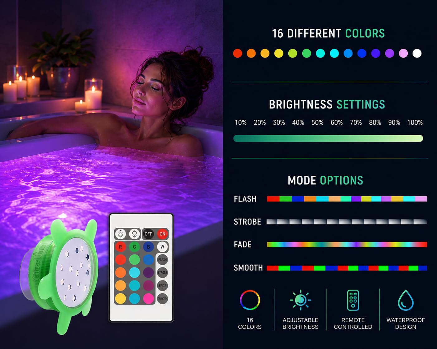 GlowTub splash-resistant remote in hand adjusting color and brightness