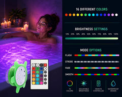 GlowTub splash-resistant remote in hand adjusting color and brightness