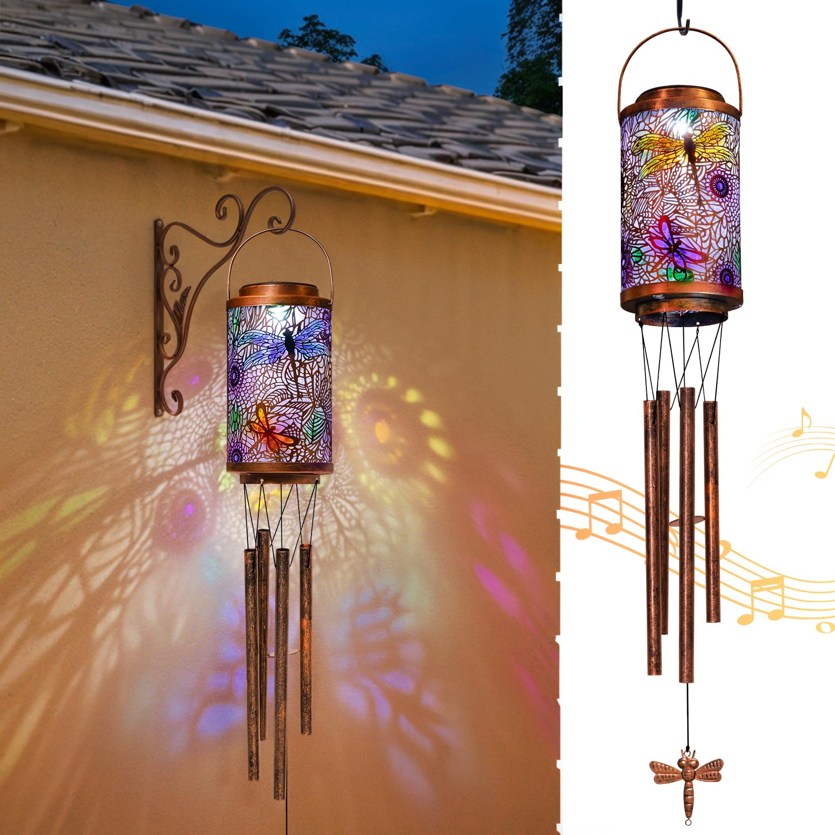 Go2garden dragonfly front view showing lantern and hanging chimes with decorative appeal