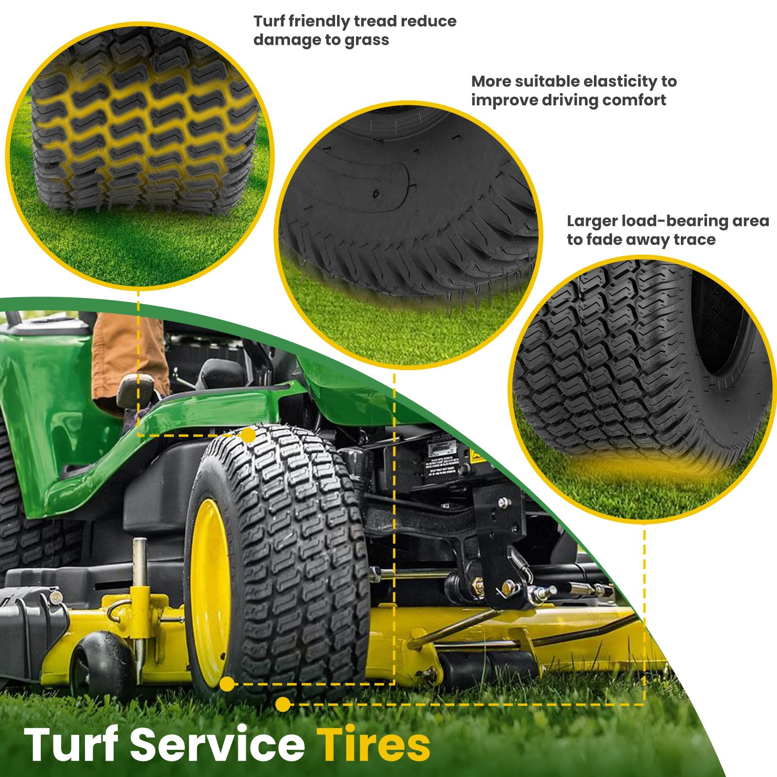 Godhop tire mounted on zero-turn mower demonstrating grip and lawn protection
