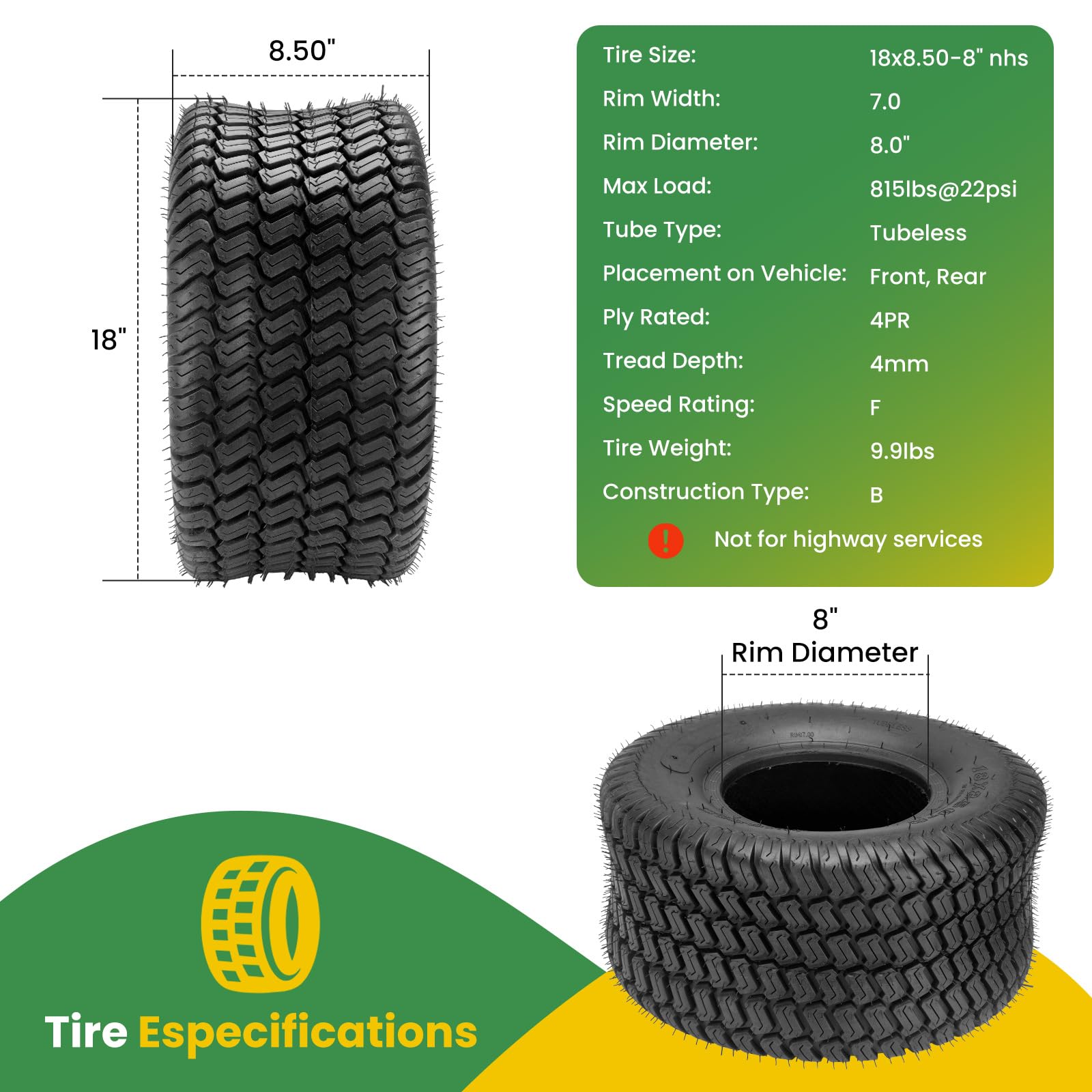 Godhop tire beside ruler showing 18x8.50-8 size for accurate rim compatibility