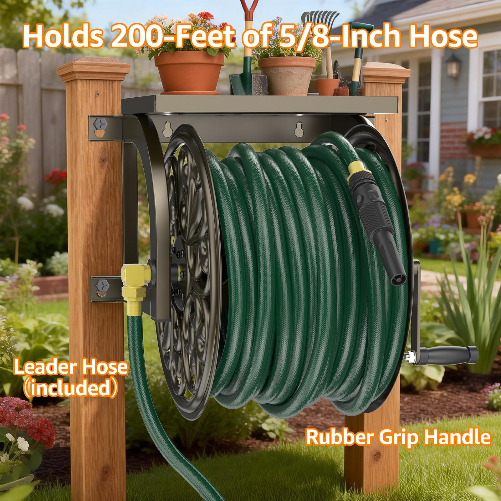 GOFORWILD reel installed in garden setting for tidy, weatherproof storage