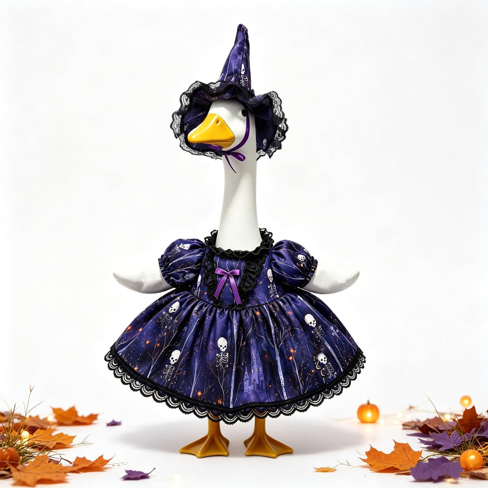 GooStryxen front view witch outfit on porch goose showing festive curb appeal