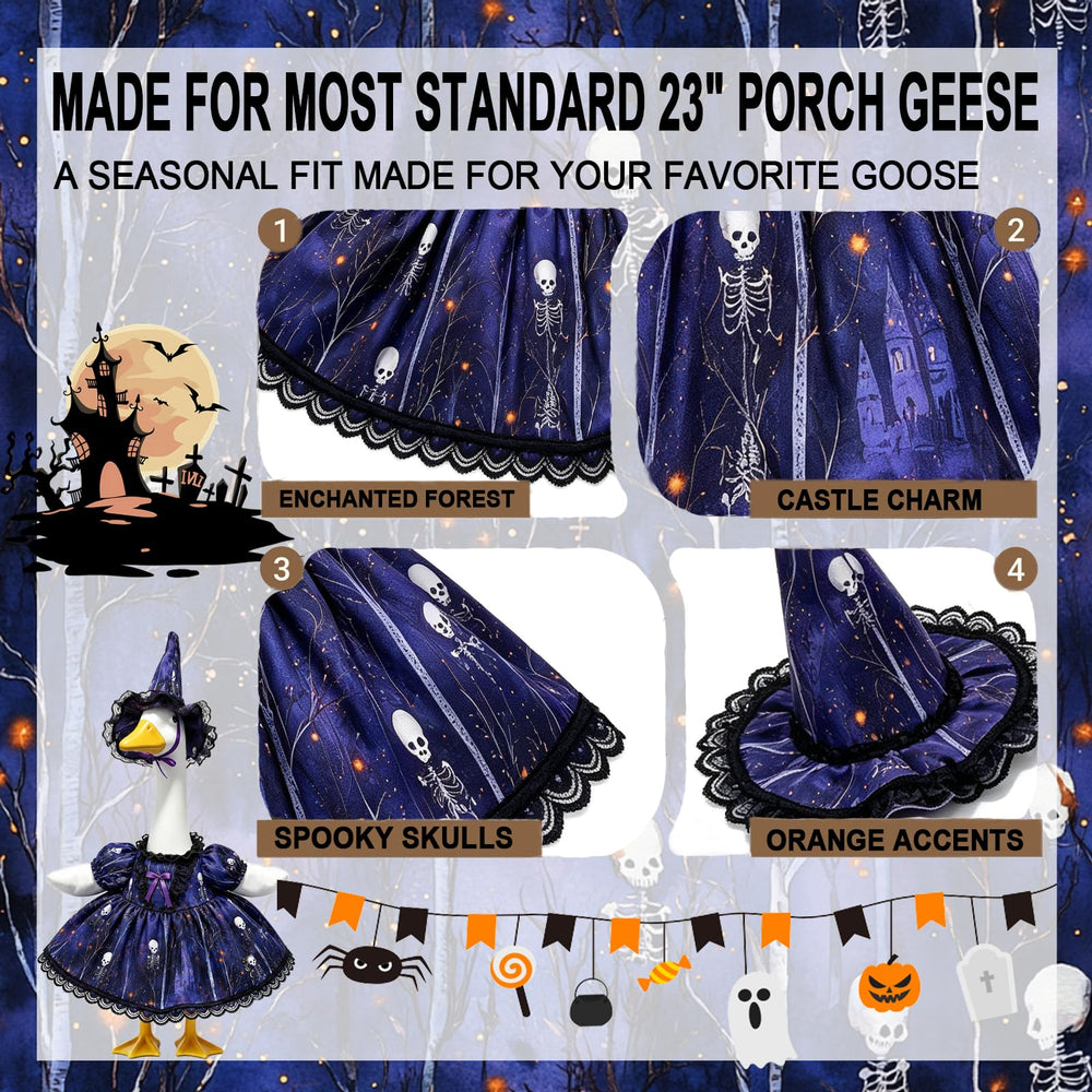 GooStryxen outfit on a porch goose in a Halloween yard creating welcoming decor