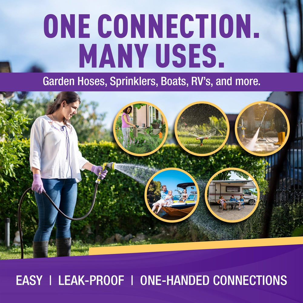 GORILLA EASY CONNECT installed on garden hose showing simple attach for faster watering