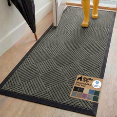 GORILLA GRIP front view of 72x24 gray diamond doormat showing full shape and color benefit protective entry