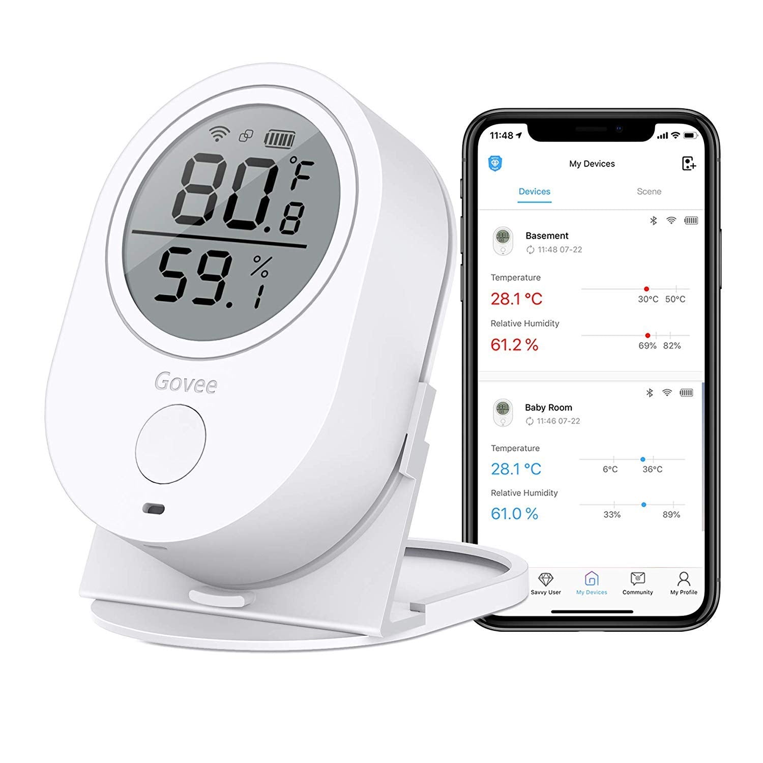 Govee H5051 front LCD display showing temperature and humidity for quick checks