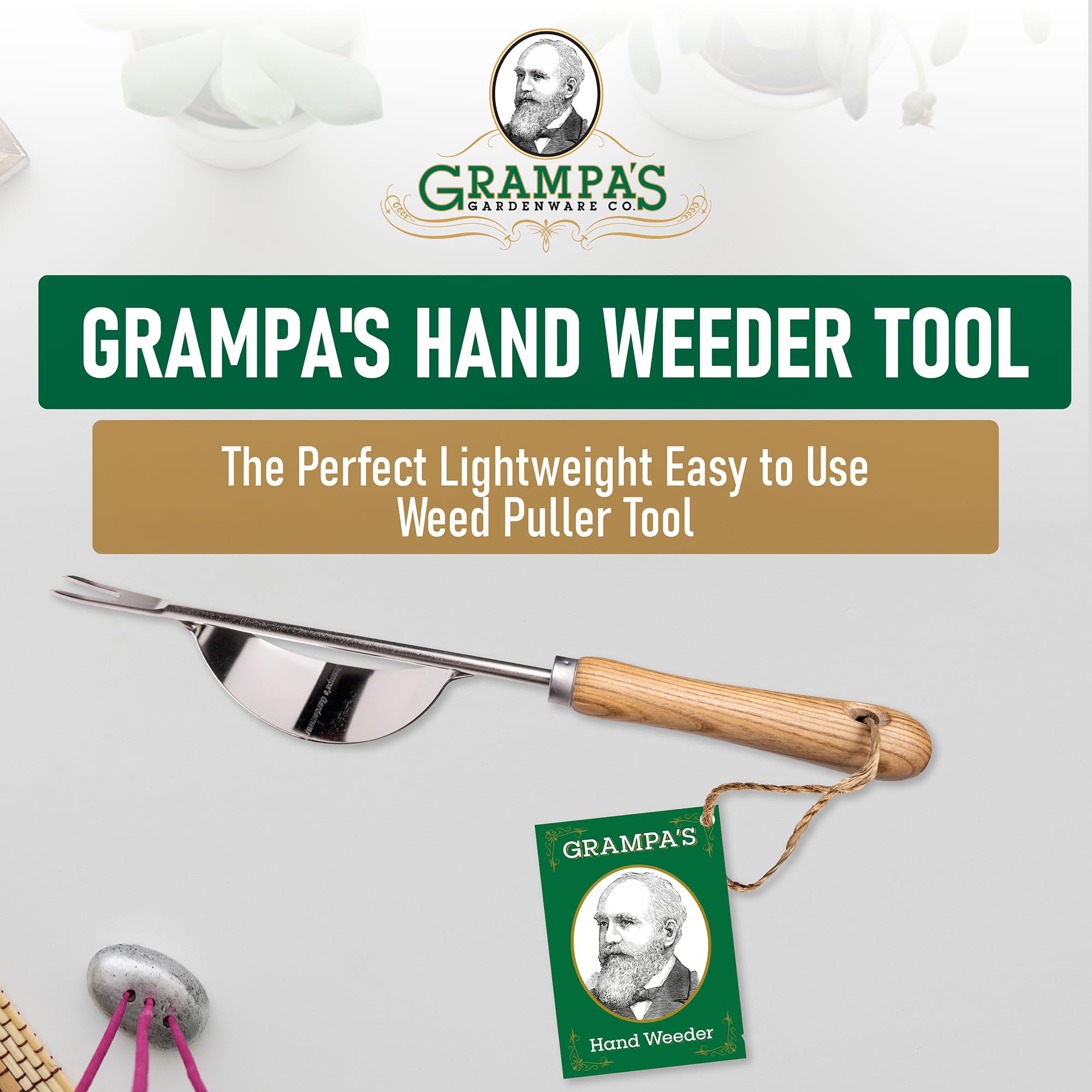 Grampa's Weeder close-up of v-shaped fork highlighting deep-root extraction benefit