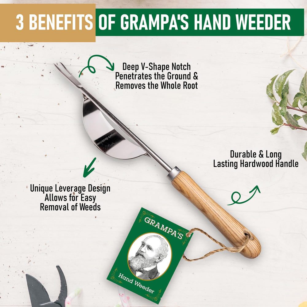 Grampa's Weeder ergonomic wooden handle detail offering comfortable shock absorption