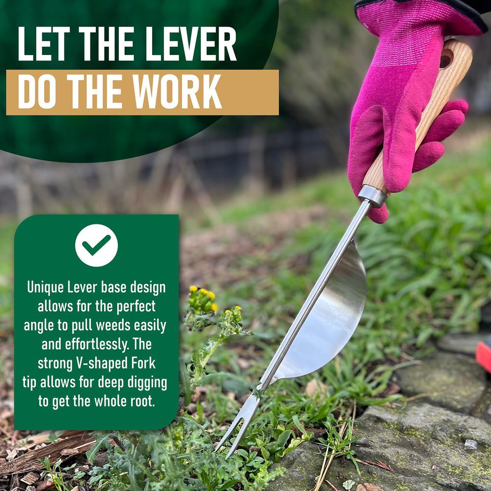 Grampa's Weeder beside a hand showing size and leverage for reduced wrist strain