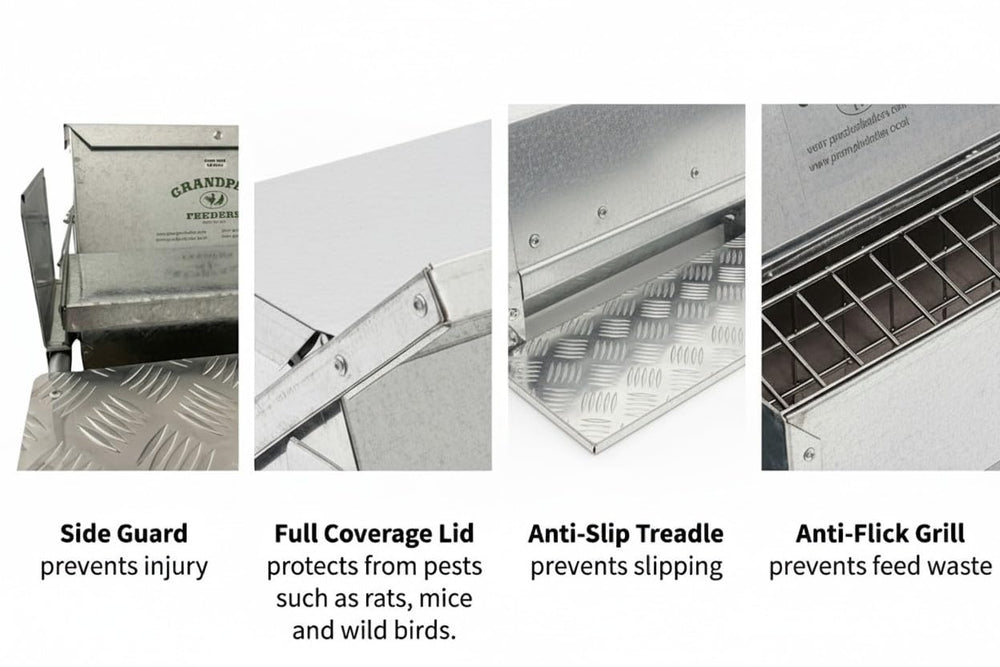 Grandpa's Feeders anti-flick grill detail reducing feed waste