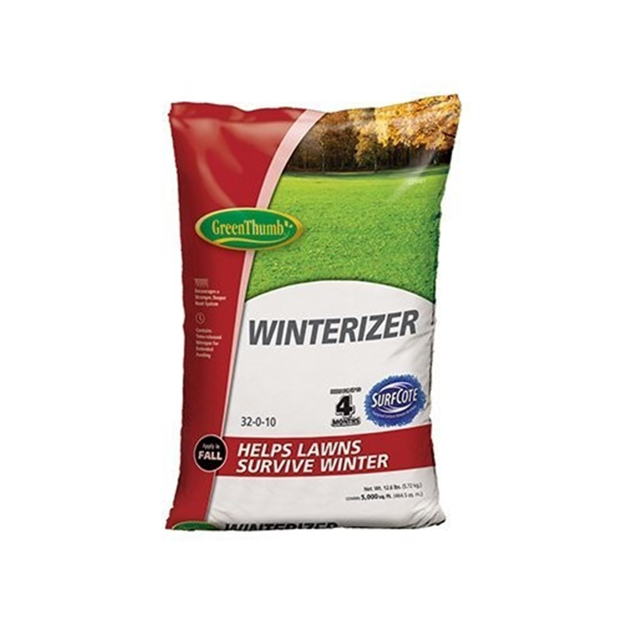 Green Thumb front packaging showing GT58105 winterizer, clear label and coverage benefits