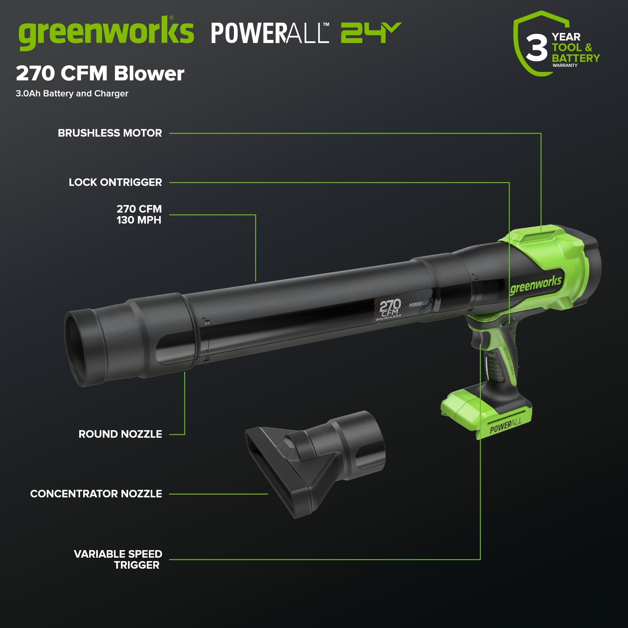 Greenworks 3.0Ah battery installed in blower offering extended runtime benefit