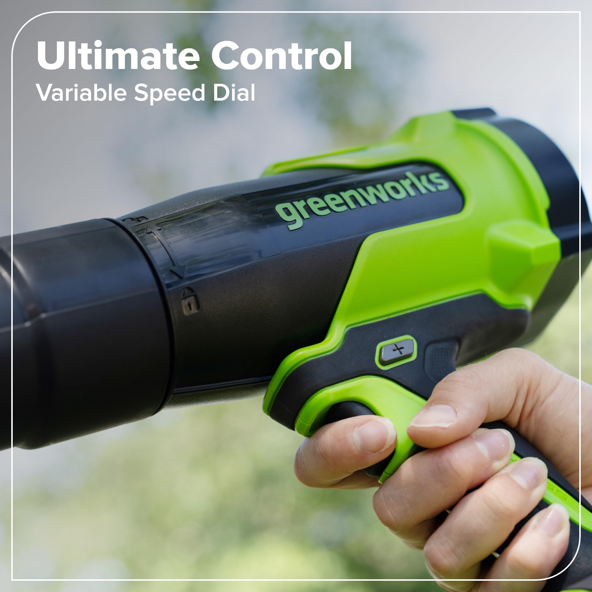 Greenworks variable-speed trigger and cruise control showing ergonomic control benefit
