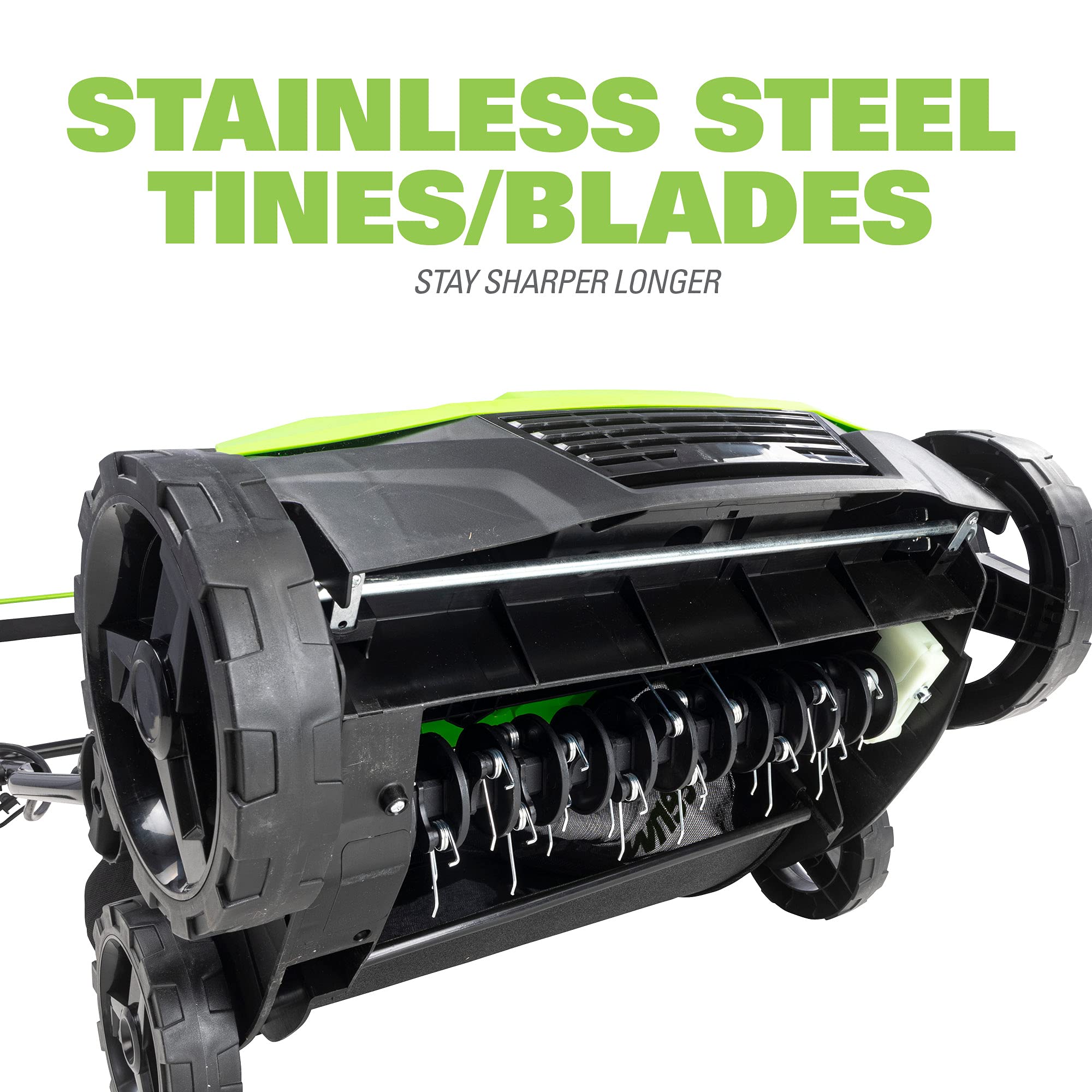 Greenworks depth adjustment lever clearly visible for precise tine control