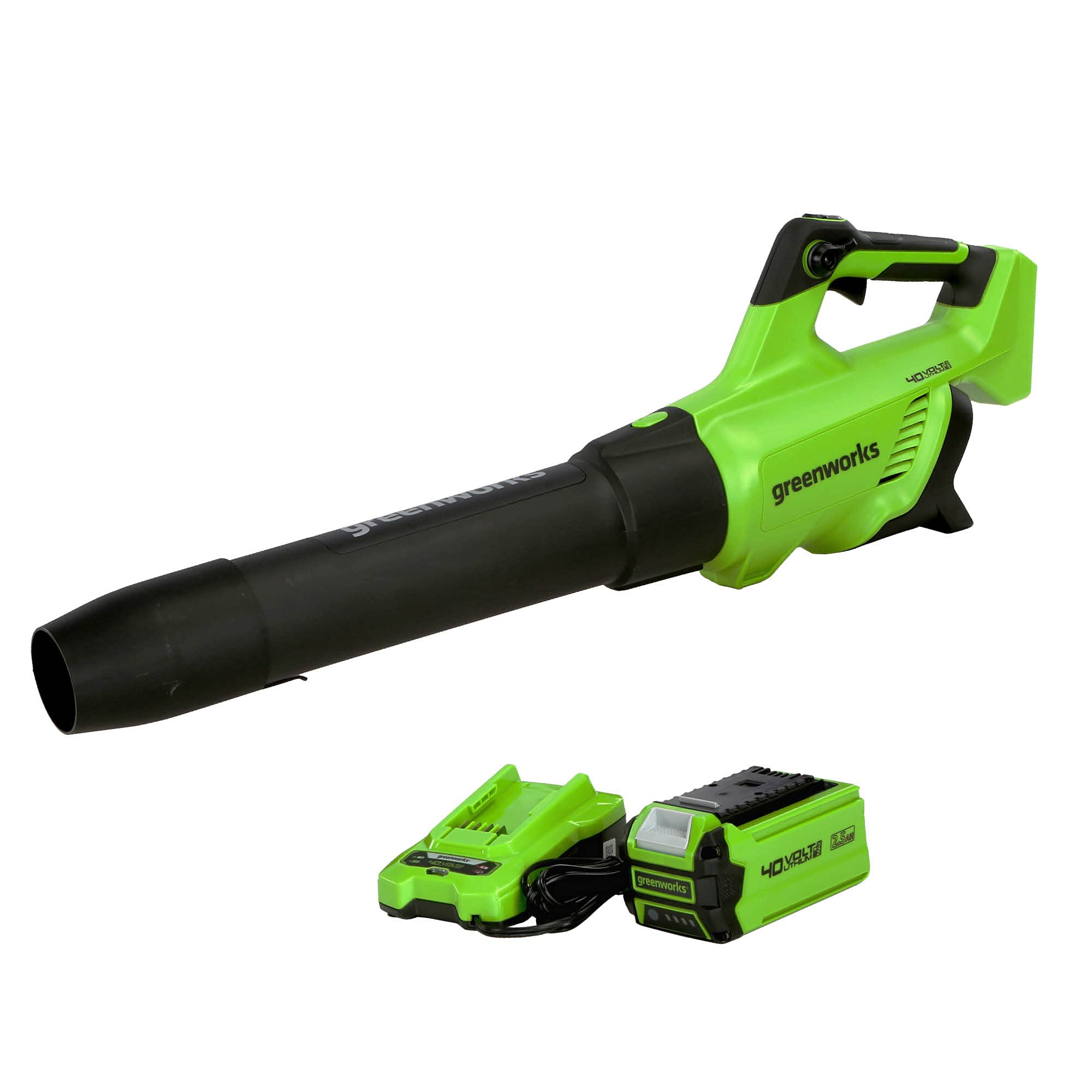Greenworks front view blower showing compact design and quick debris clearing