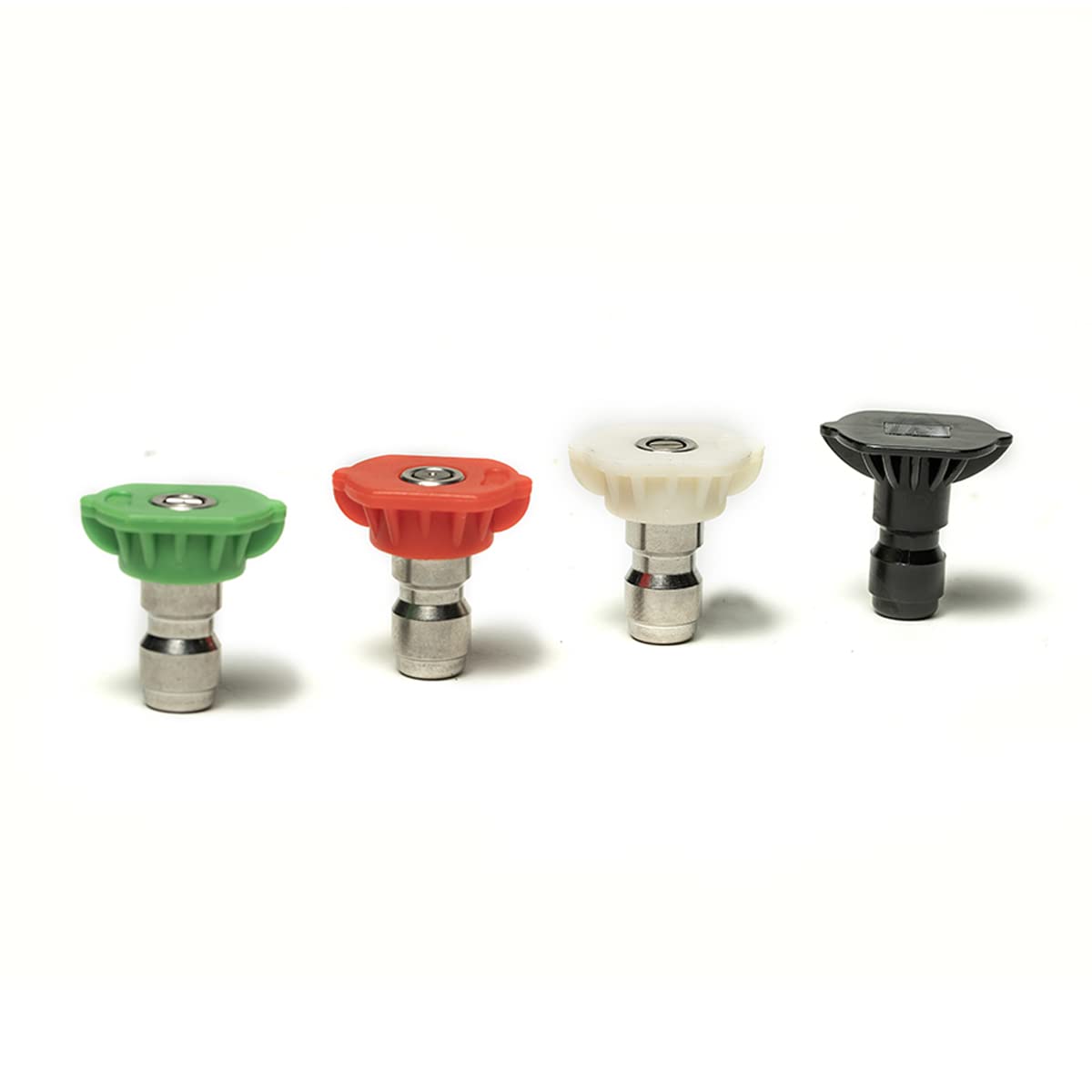 Greenworks front view of nozzle pack showing four quick-connect tips and clear labeling for versatile cleaning