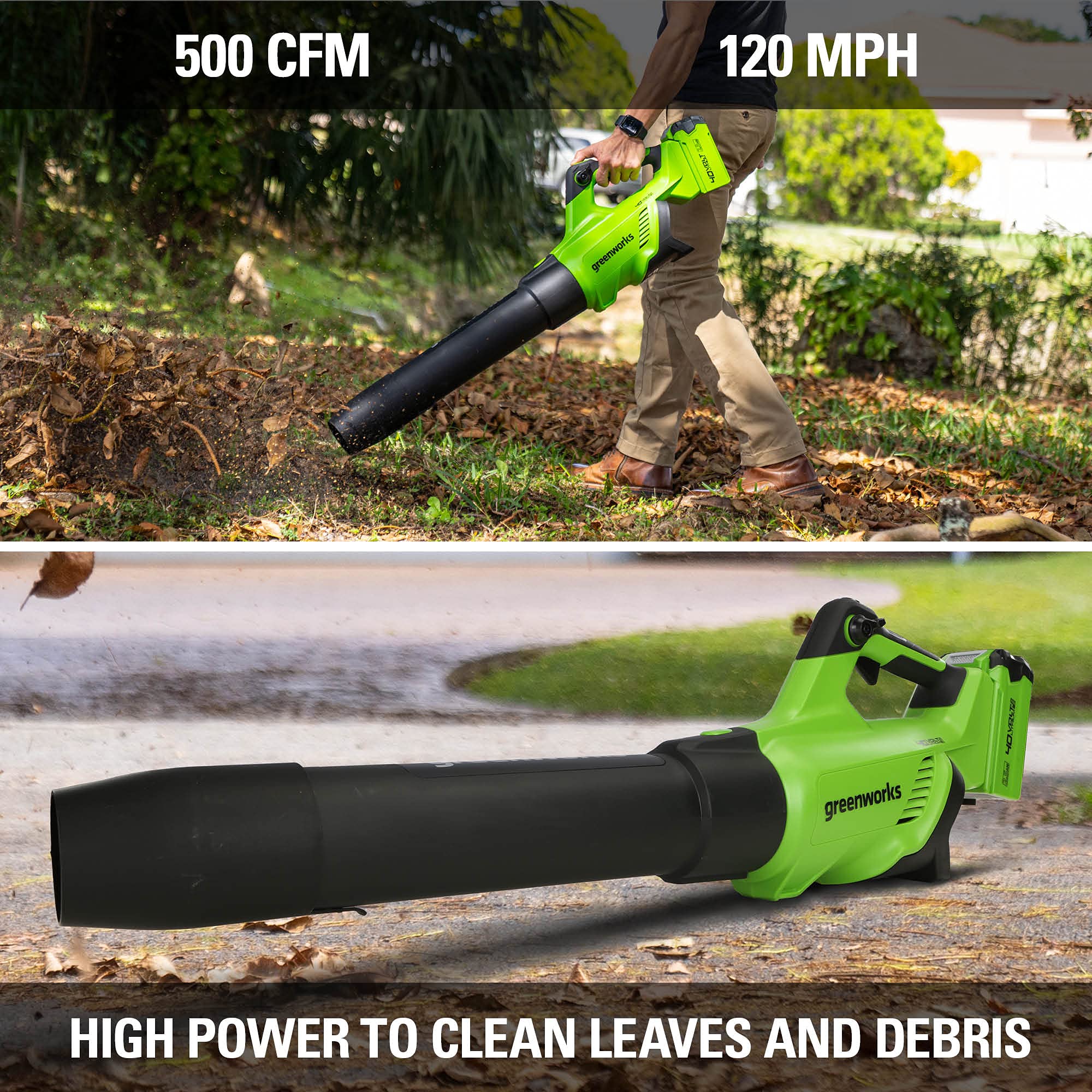Greenworks handle and variable-speed trigger close-up for comfort control