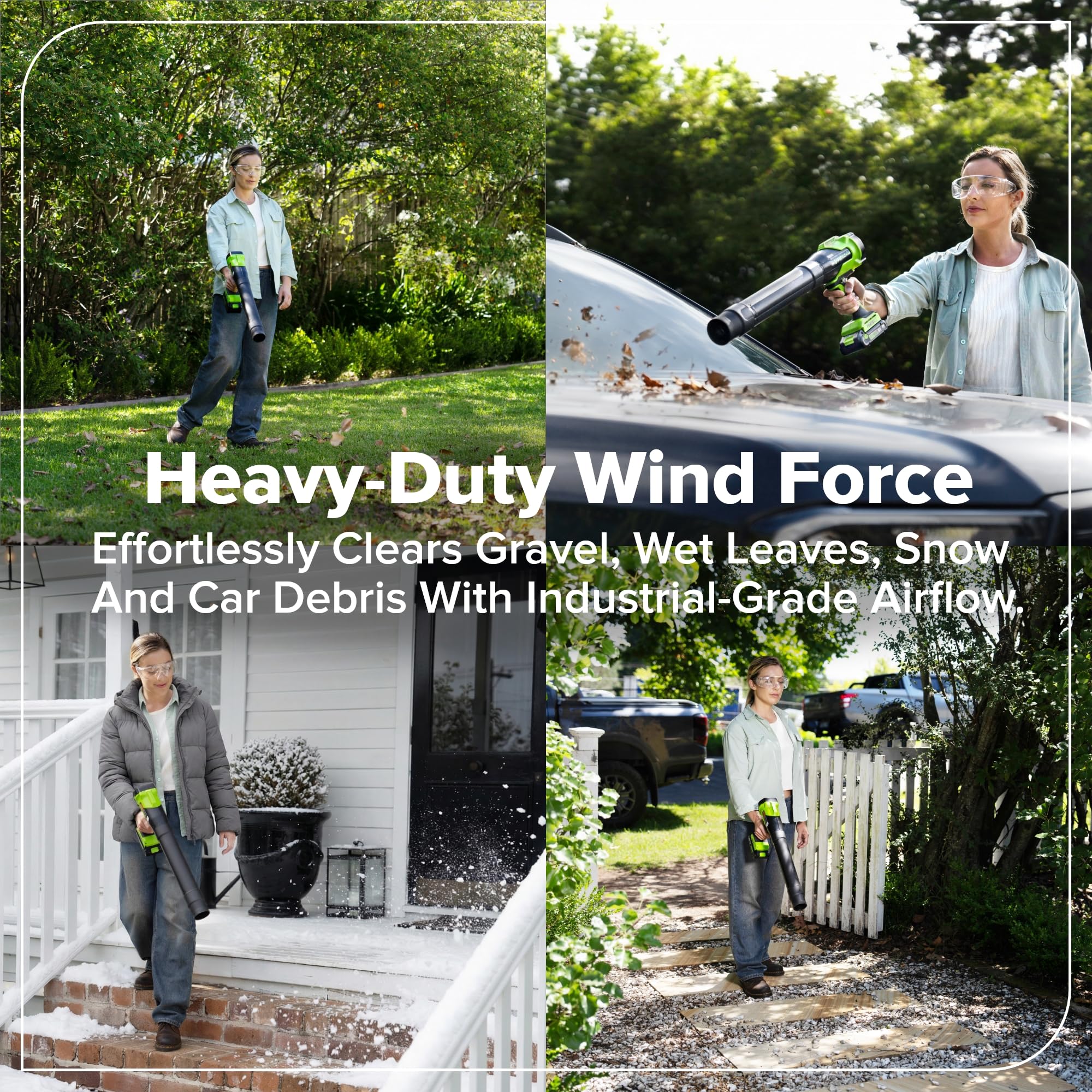 Greenworks blower in use on a lawn demonstrating strong debris clearing