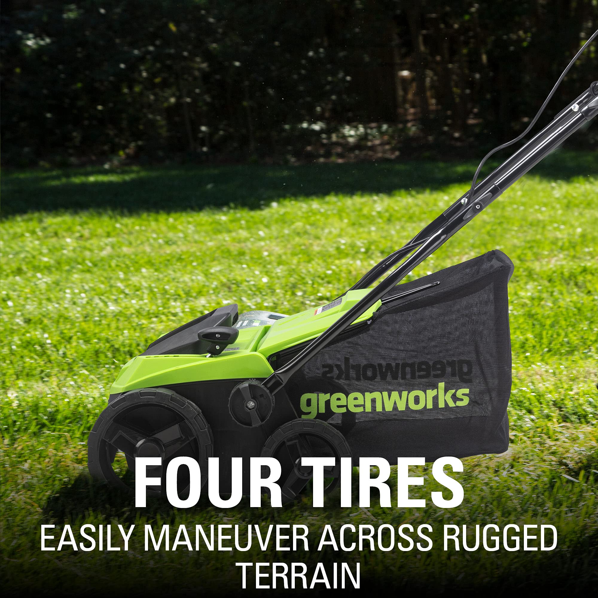 Greenworks product label and specs plate showing model details and power