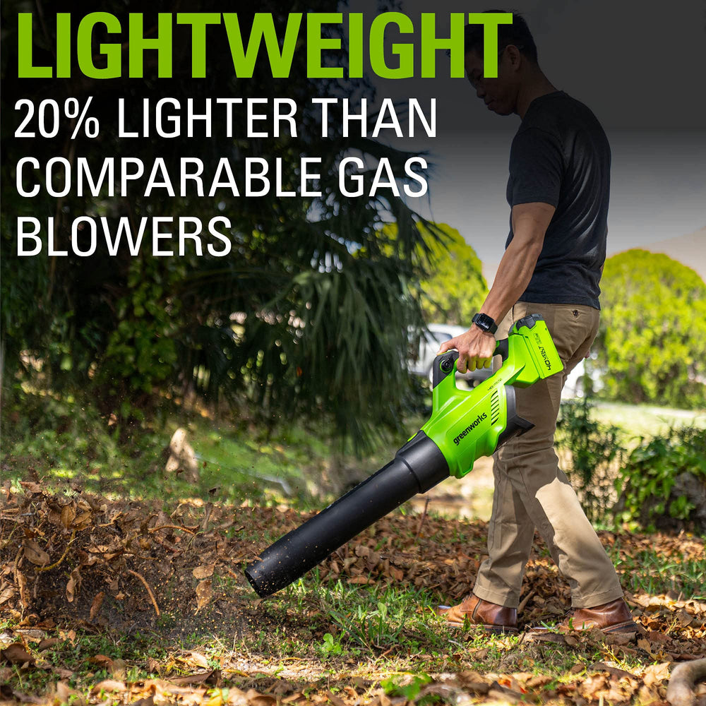 Greenworks open box with blower, battery, charger and manual ready out-of-box