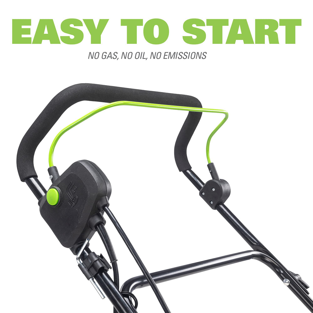 Greenworks push-button start on handle for quick reliable tool activation
