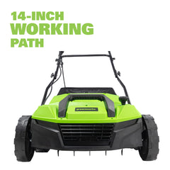 Greenworks scarifier head showing deeper tines for aerating and opening turf